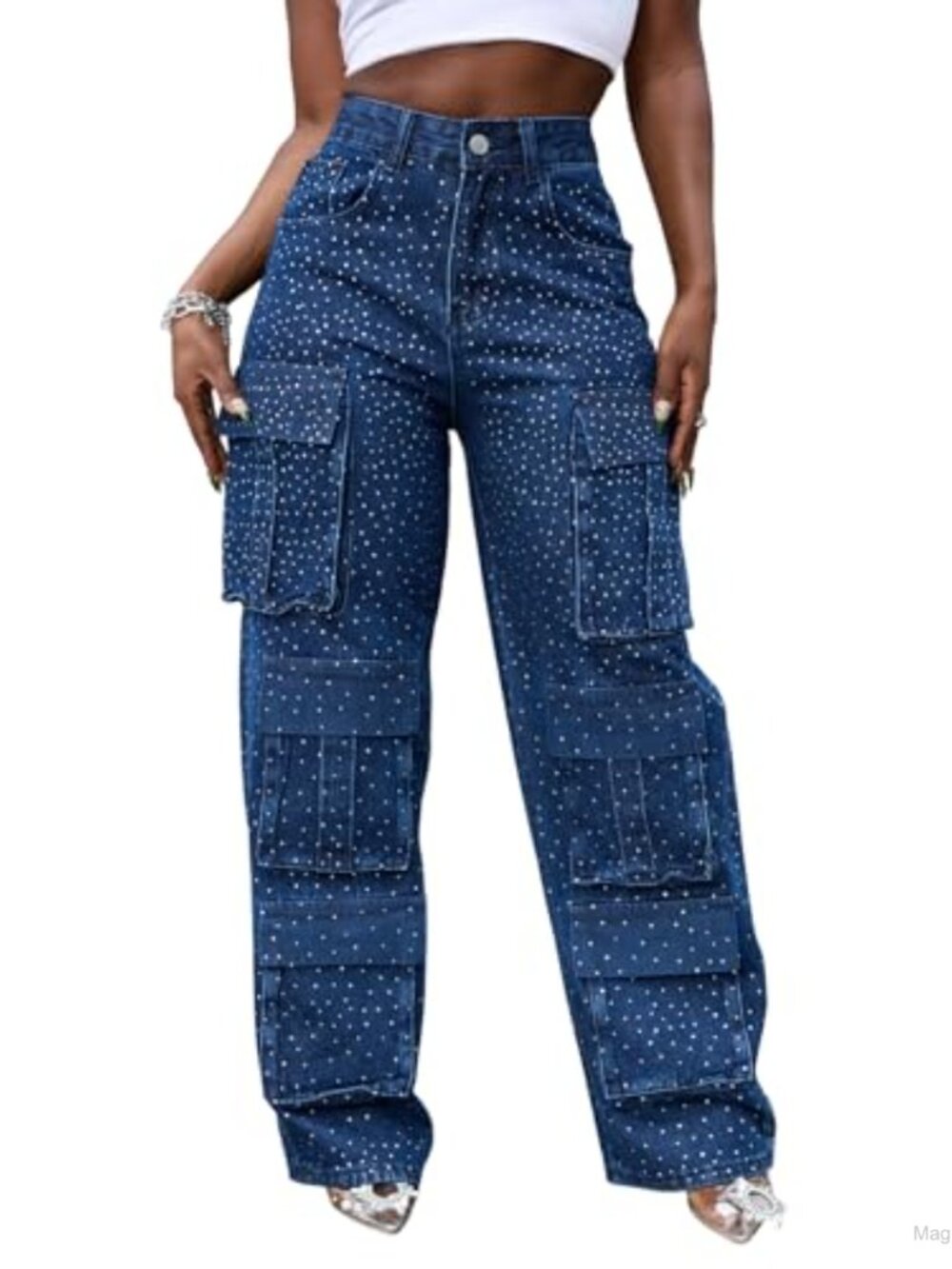Rhinestone Cargo Jeans High Waisted Wide Leg Stretch Denim Pants